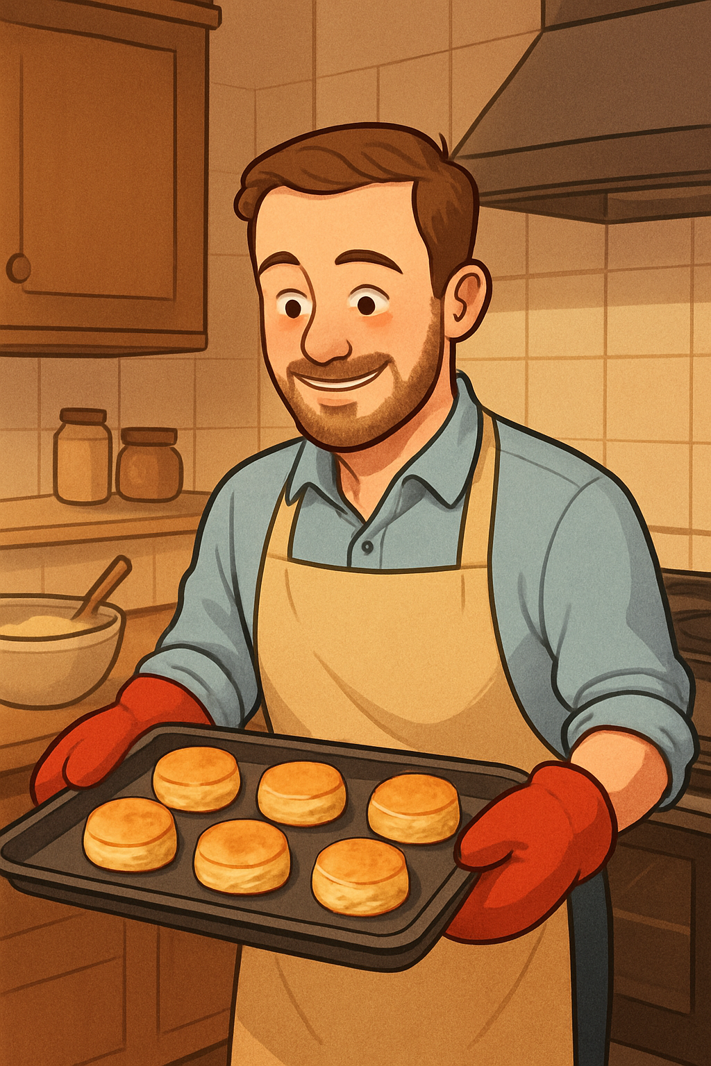 man baking biscuits in kitchen