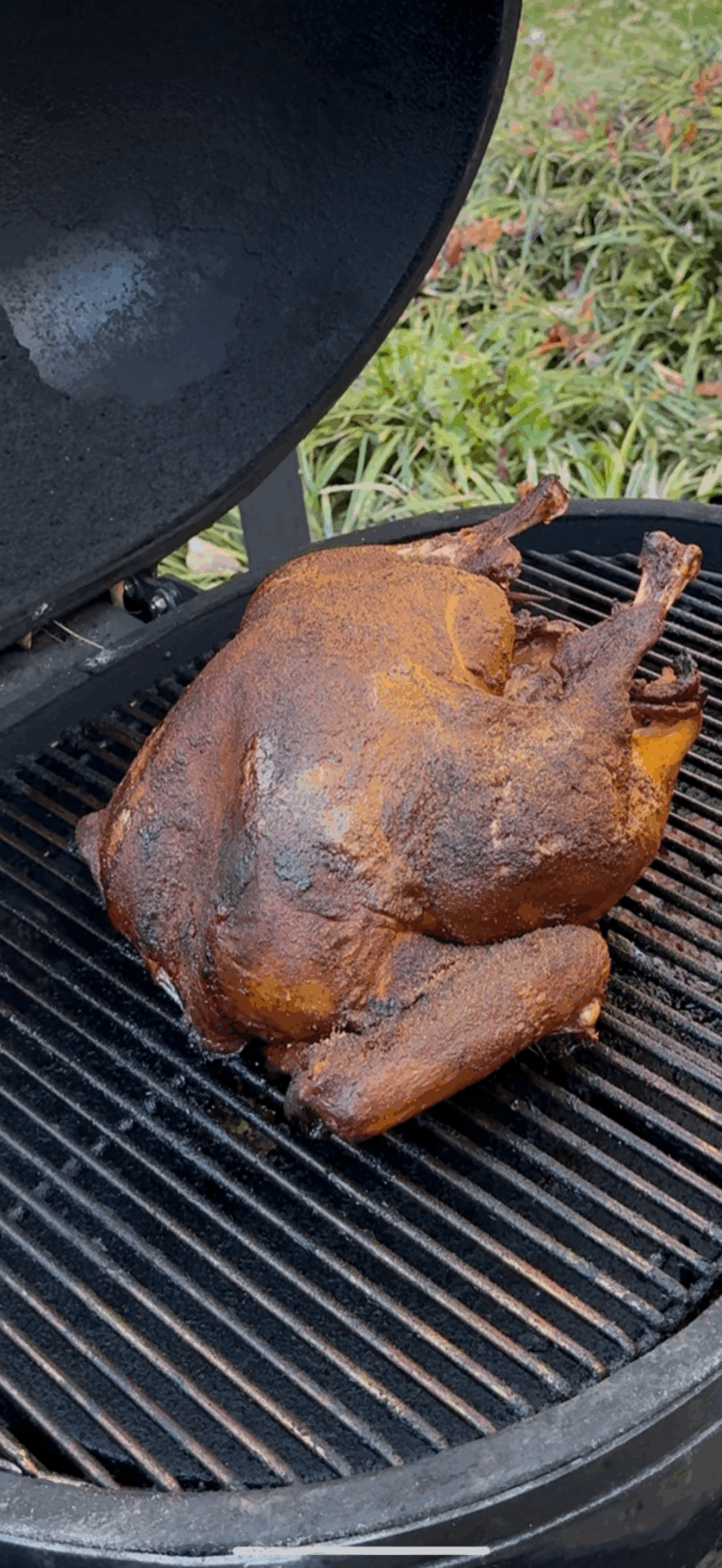 A whole smoked turkey with crispy, browned skin sits on the grates of an open grill outdoors, with green grass visible in the background.