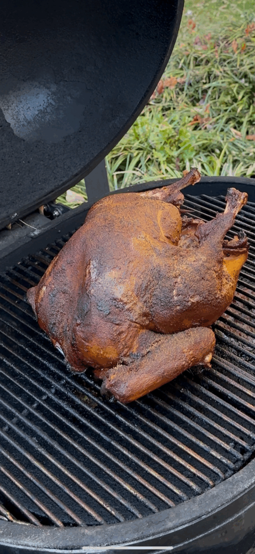 A whole smoked turkey with crispy, browned skin sits on the grates of an open grill outdoors, with green grass visible in the background.