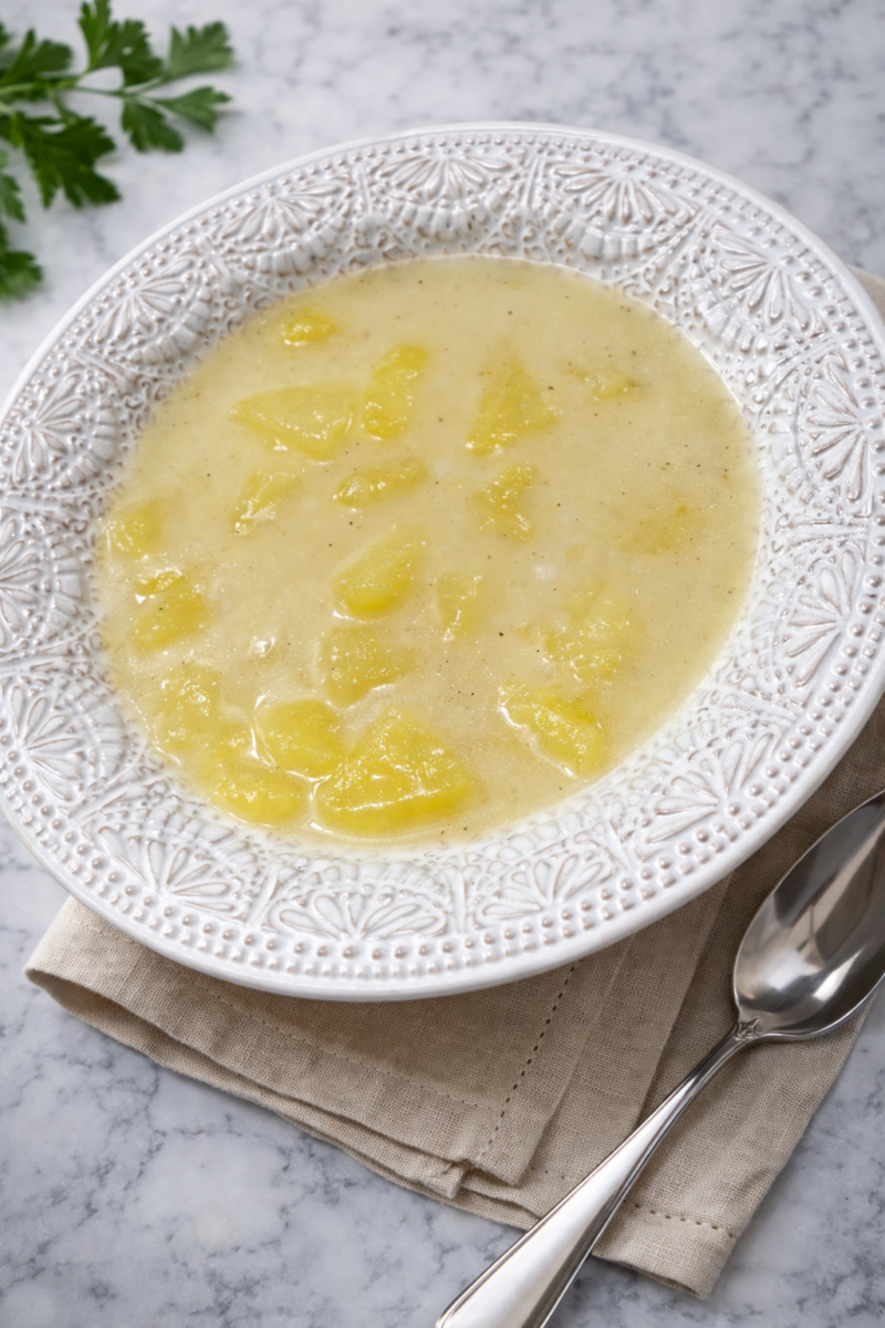 A white ornate bowl filled with creamy potato soup sits on a beige napkin, next to a silver spoon, on a marble surface. Parsley is visible in the corner.