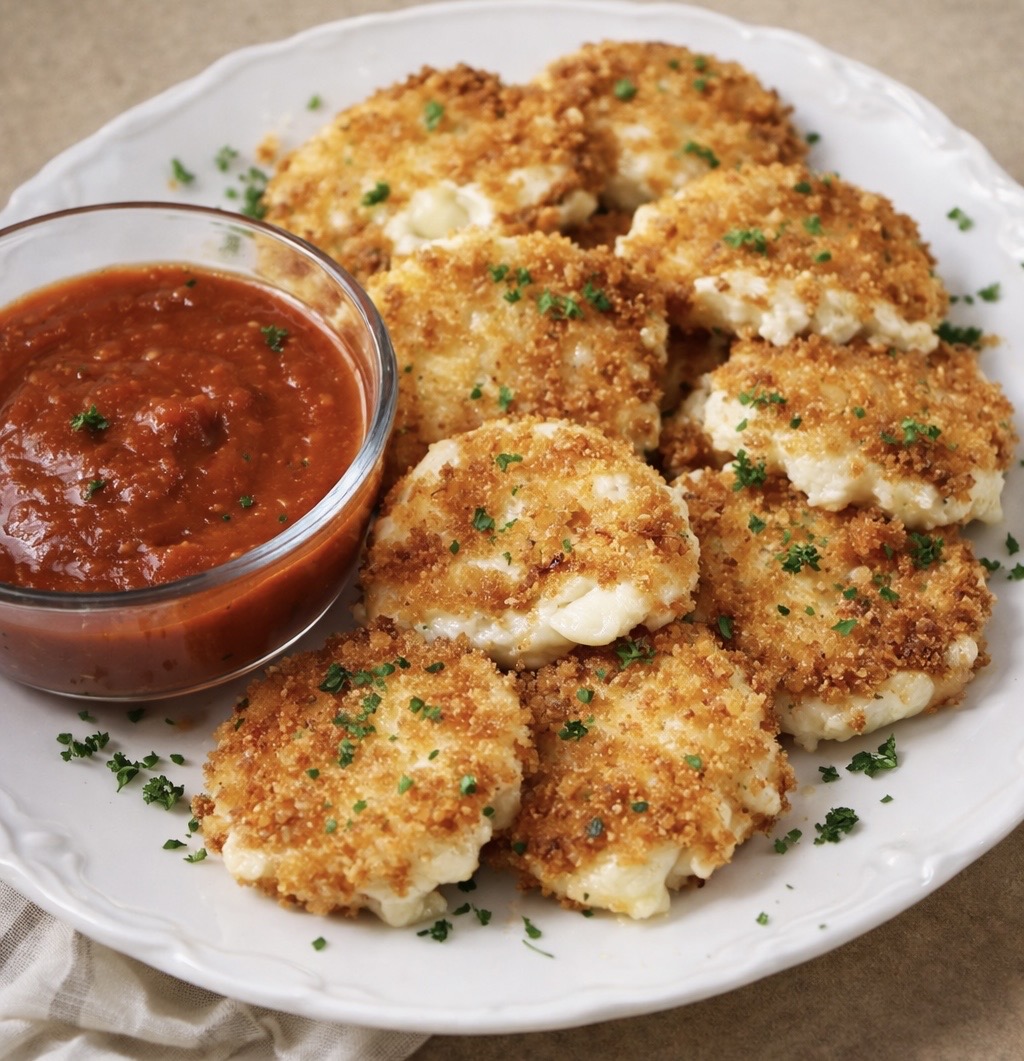 A white plate holds several breaded and fried cheese rounds garnished with chopped parsley, served with a small glass bowl of marinara sauce for dipping.