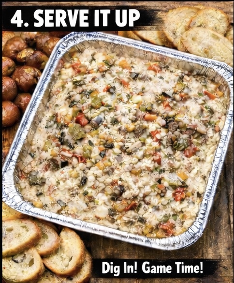 A foil tray filled with a colorful, cheesy dip surrounded by slices of toasted bread and roasted garlic. The text reads “4. Serve It Up” at the top and “Dig In! Game Time!” at the bottom.