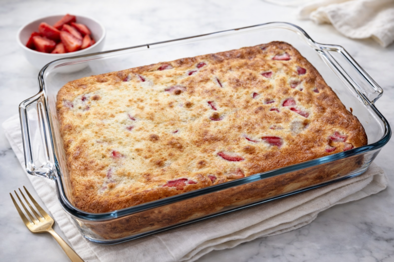 A rectangular glass baking dish filled with a golden-brown strawberry baked dessert sits on a white cloth, with a gold fork beside it and a small bowl of sliced strawberries in the background.