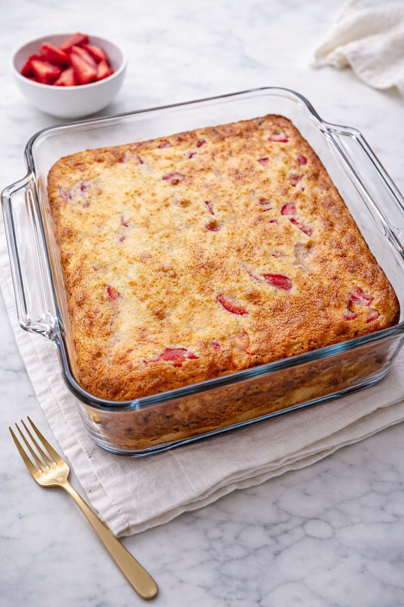 A freshly baked strawberry cake in a glass square dish rests on a folded cloth, with a gold fork beside it. A small bowl of sliced strawberries is in the background on a marble surface.