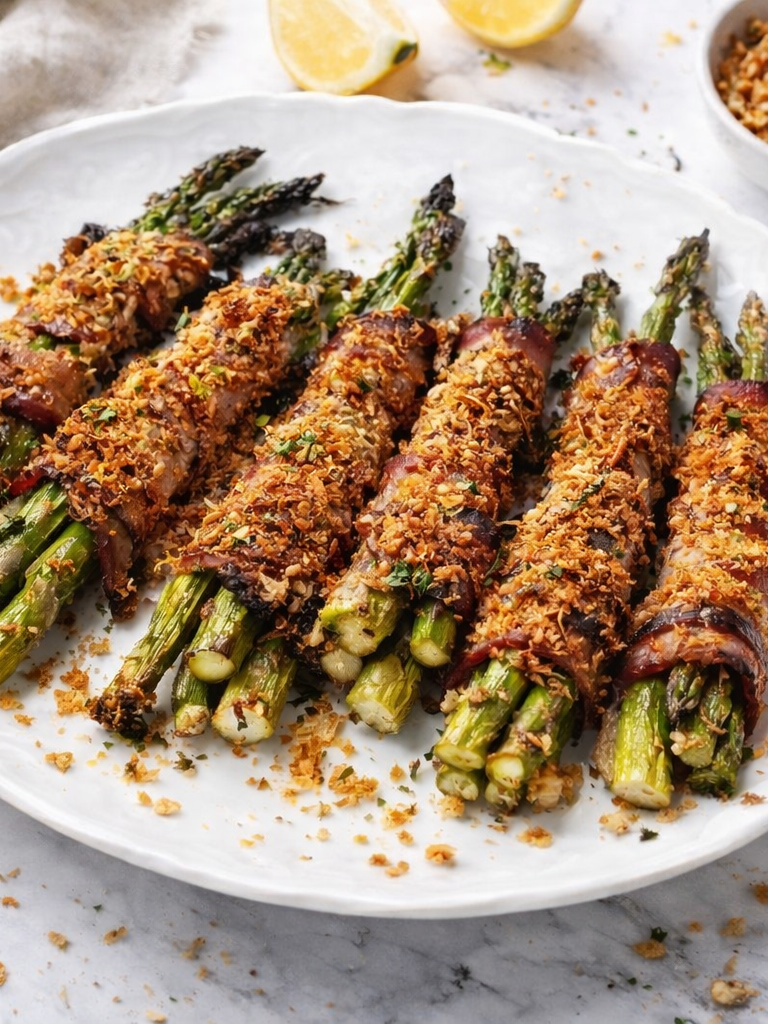 Bundles of asparagus wrapped in crispy bacon, topped with golden toasted breadcrumbs, arranged on a white plate with lemon wedges and extra breadcrumbs in the background.