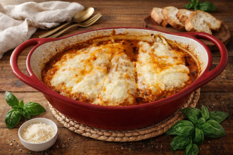 A baked lasagna in a red casserole dish sits on a wooden table, topped with melted cheese. Fresh basil, grated cheese, sliced bread, and utensils are arranged around the dish.