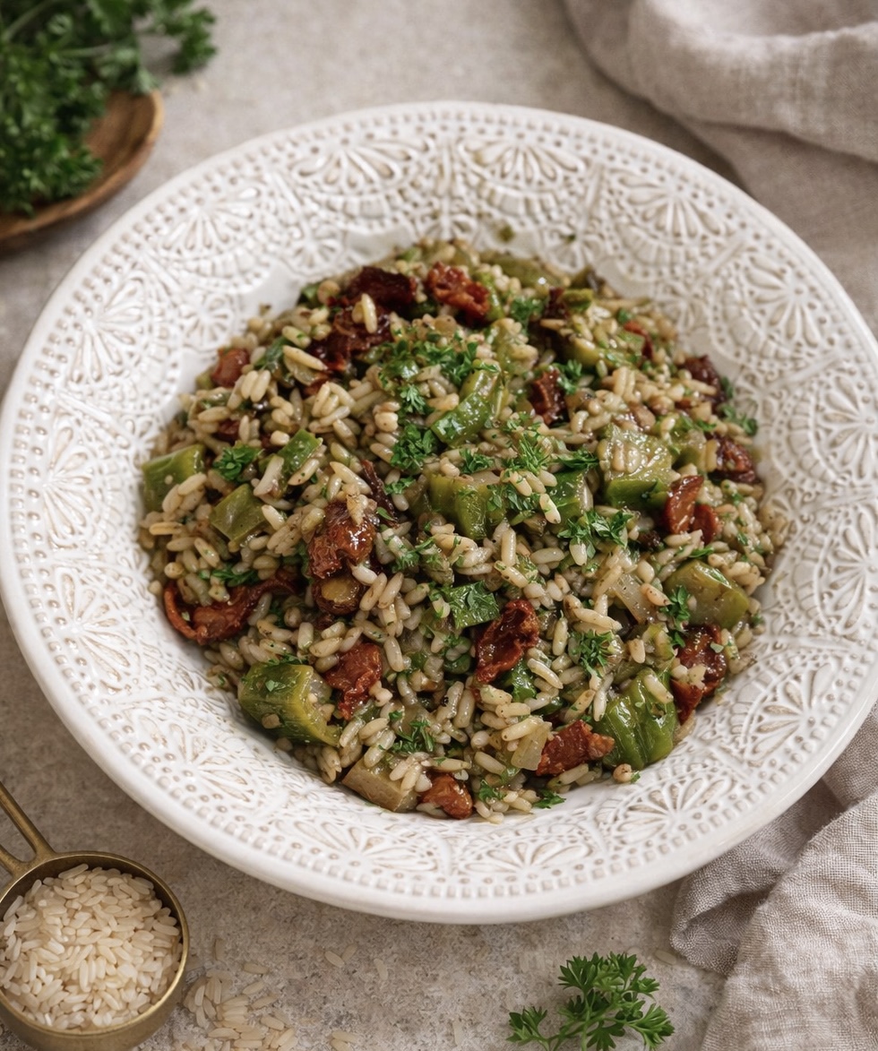A decorative white bowl filled with rice, sliced okra, sun-dried tomatoes, and chopped parsley sits on a light surface, with a gold measuring spoon of uncooked rice and a sprig of parsley nearby.