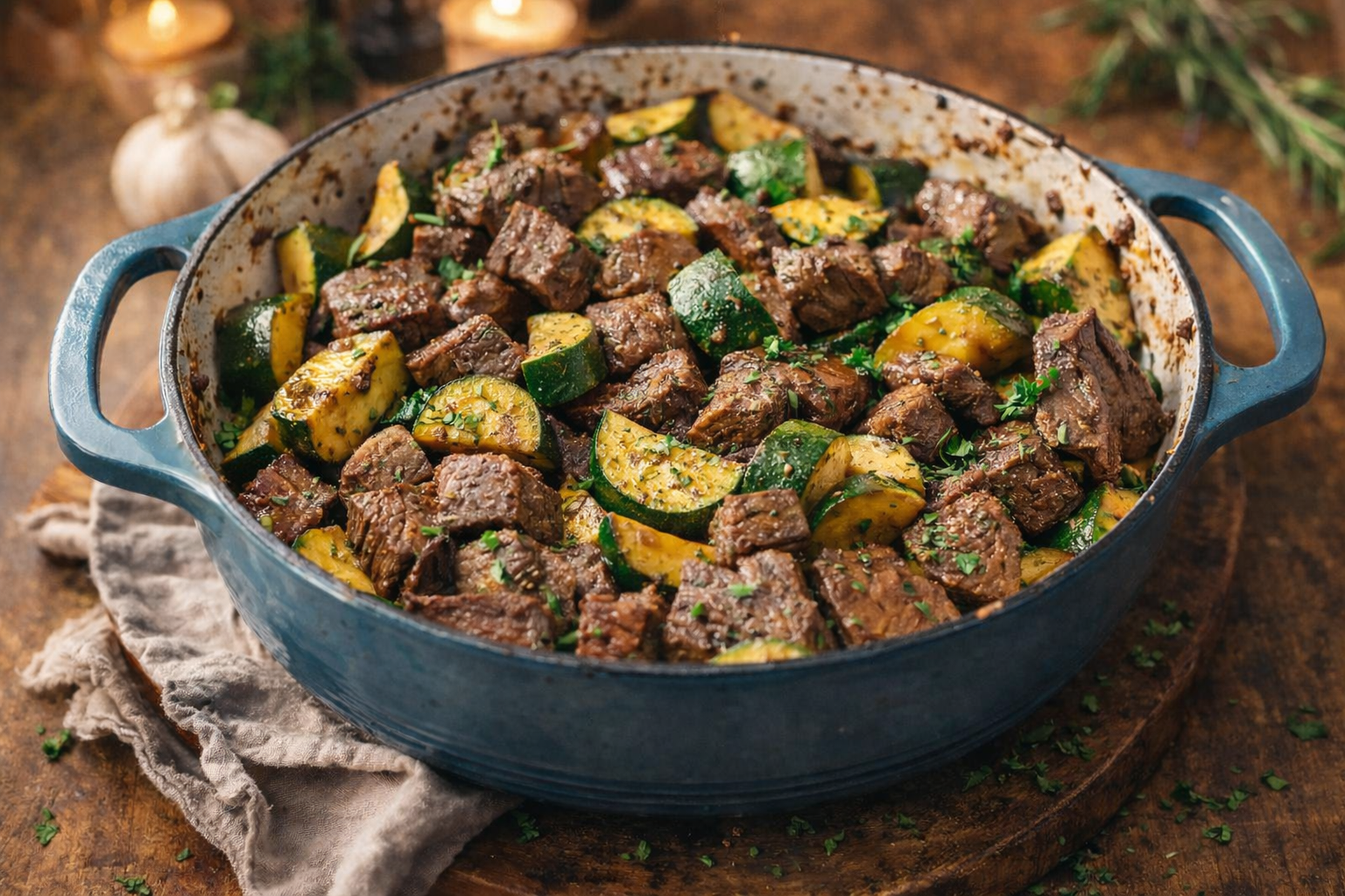 A blue baking dish filled with roasted beef cubes and zucchini, garnished with fresh herbs. The dish sits on a wooden surface beside a beige cloth napkin.