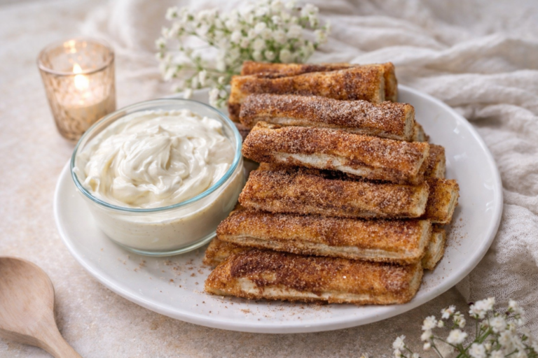 A plate of cinnamon sugar-coated toast sticks is arranged next to a glass bowl filled with creamy dip. The plate is decorated with small white flowers, and a lit candle glows softly in the background.