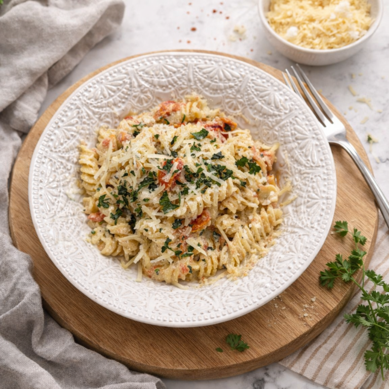 A decorative white bowl filled with creamy rotini pasta, topped with grated cheese and chopped herbs, sits on a round wooden board next to a fork and a small bowl of extra cheese.