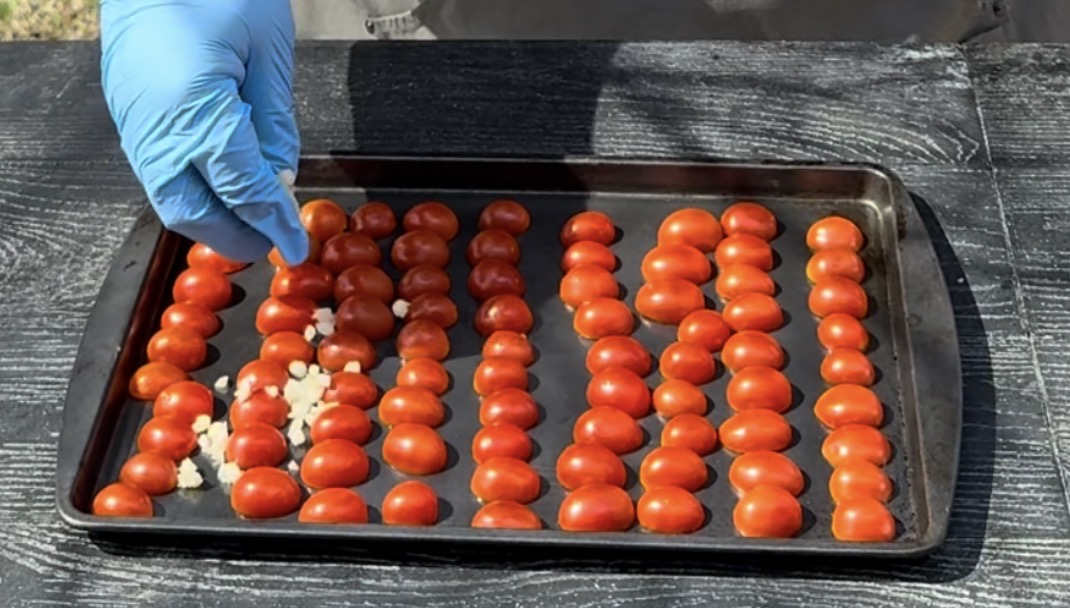 A gloved hand sprinkles chopped garlic onto halved cherry tomatoes arranged in neat rows on a black baking tray.