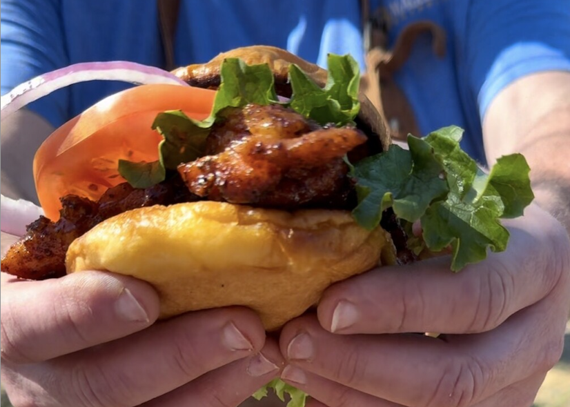 A person holding a large Honey Chipotle Grilled Chicken Sandwich with lettuce, tomato, red onion, and a toasted bun, both hands visible and wearing a blue shirt.