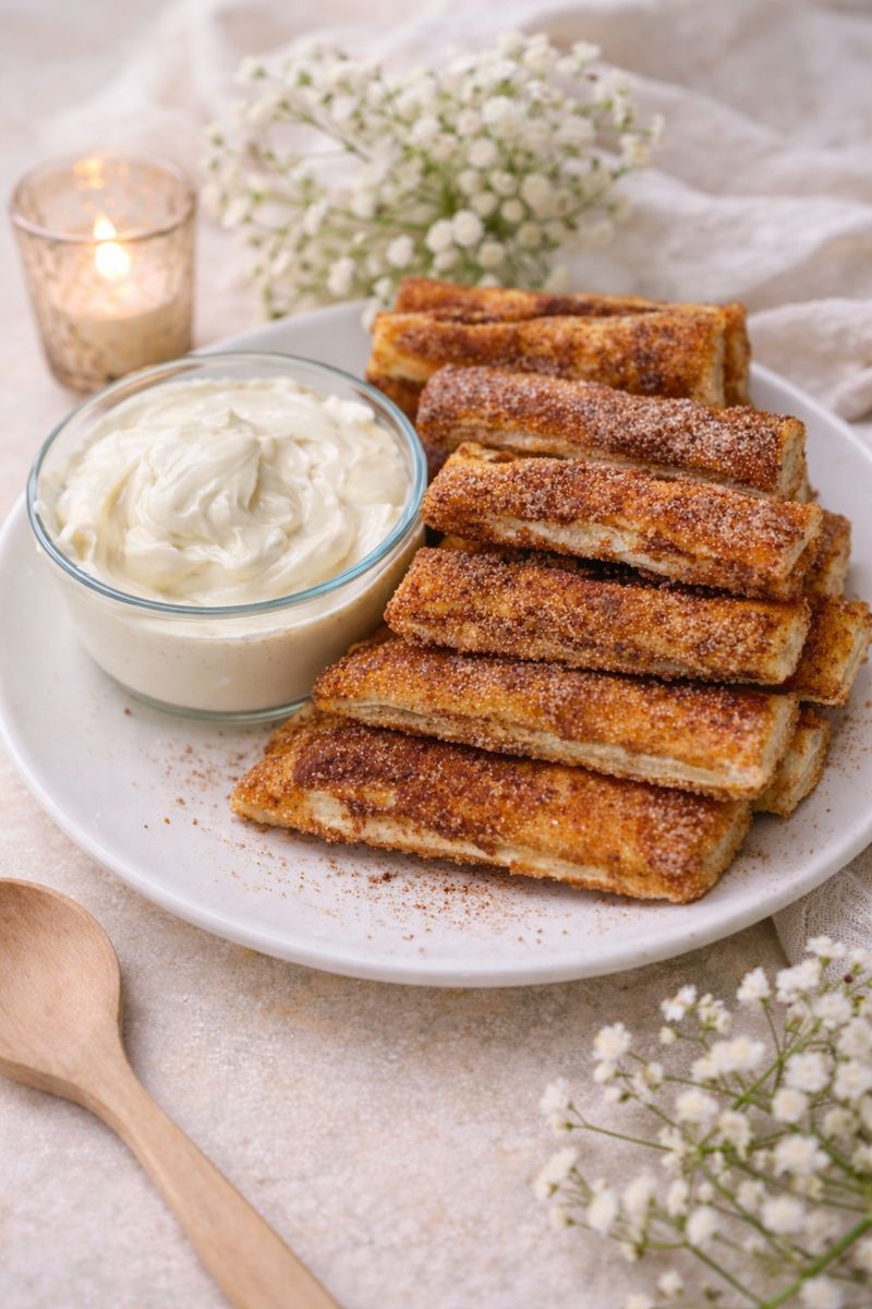 A plate with cinnamon sugar-coated pastry sticks next to a bowl of creamy white dip. Decorative white flowers, a wooden spoon, and a lit candle are nearby on a light, textured surface.