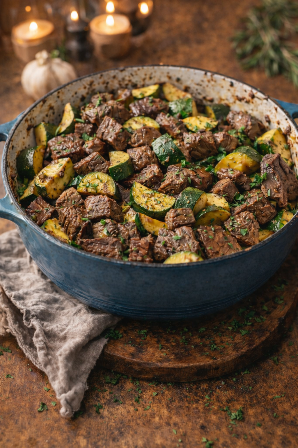 A blue pot filled with cooked beef cubes and sliced zucchini, garnished with herbs, sits on a wooden surface with a gray cloth nearby. Candles, garlic, and rosemary are in the blurred background.