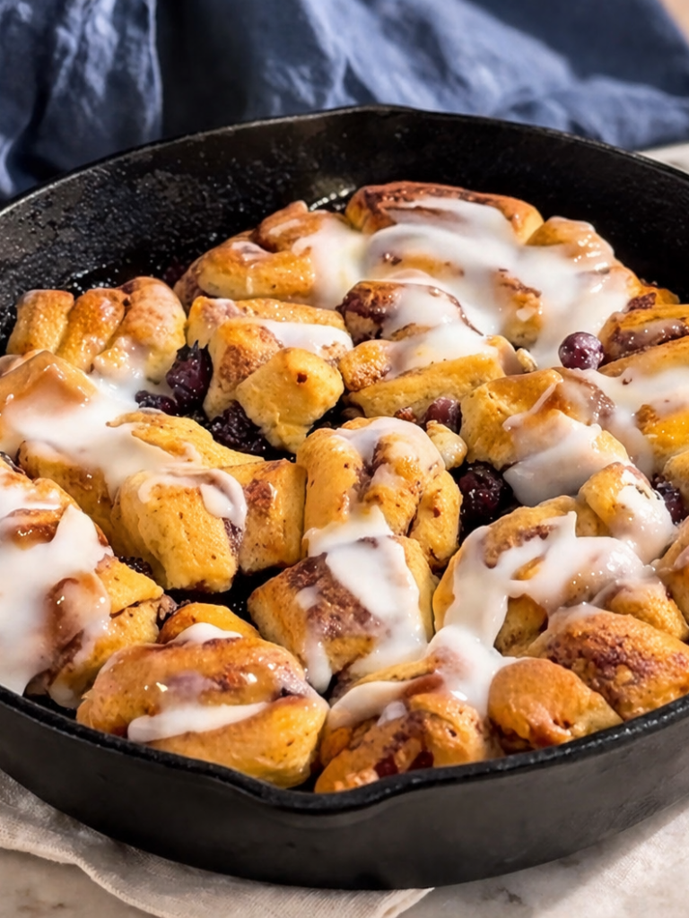 A black skillet filled with golden-brown cinnamon rolls topped with white icing and scattered blueberries, sitting on a light-colored cloth with a blue fabric in the background.
