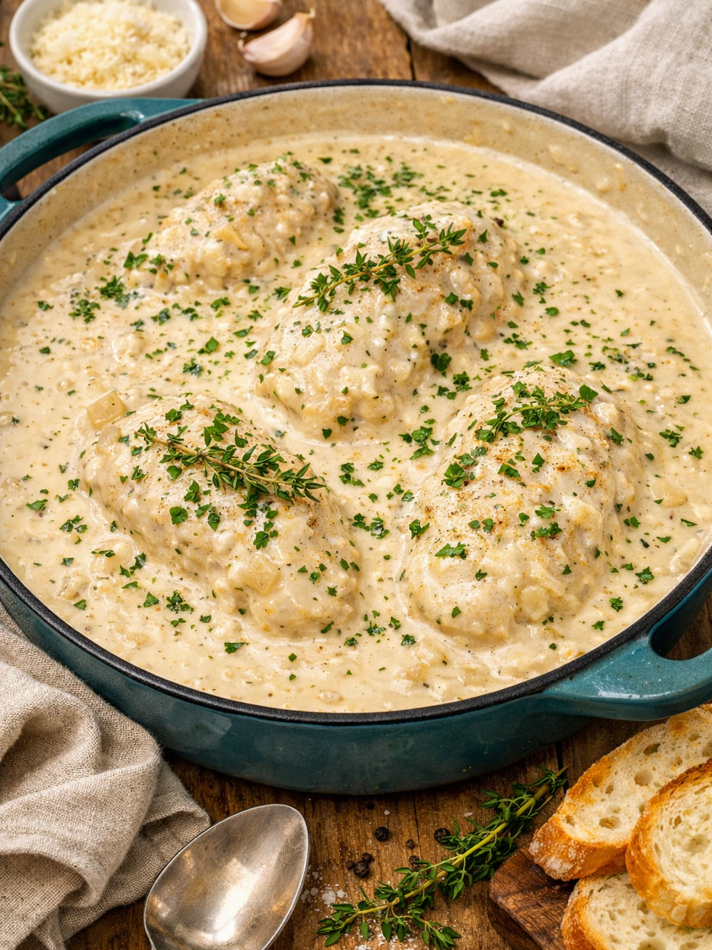 Creamy chicken breasts garnished with fresh herbs in a rich, white sauce, served in a large blue skillet. Slices of bread, grated cheese, garlic, and a spoon are arranged on a wooden table nearby.