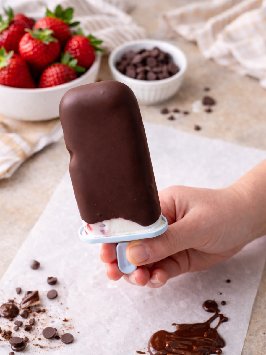 A hand holds a chocolate-dipped ice cream bar with a white and pink filling. In the background are a bowl of fresh strawberries, a bowl of chocolate chips, and a striped cloth on a light surface.