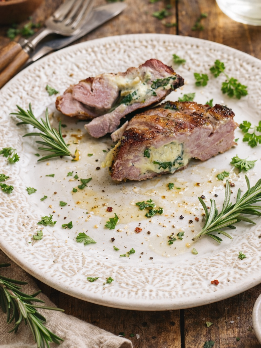 Two pieces of stuffed grilled meat with herbs and cheese filling on a white plate, garnished with fresh rosemary and parsley, with some seasoning sprinkled around.