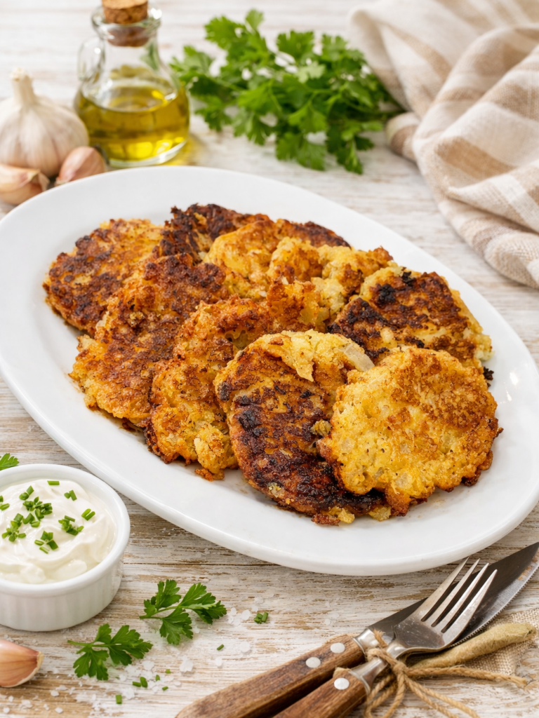 A white oval plate with golden-brown potato pancakes sits on a rustic table, accompanied by a small bowl of sour cream with chives, a fork and knife, garlic, olive oil, parsley, and a beige checkered napkin.