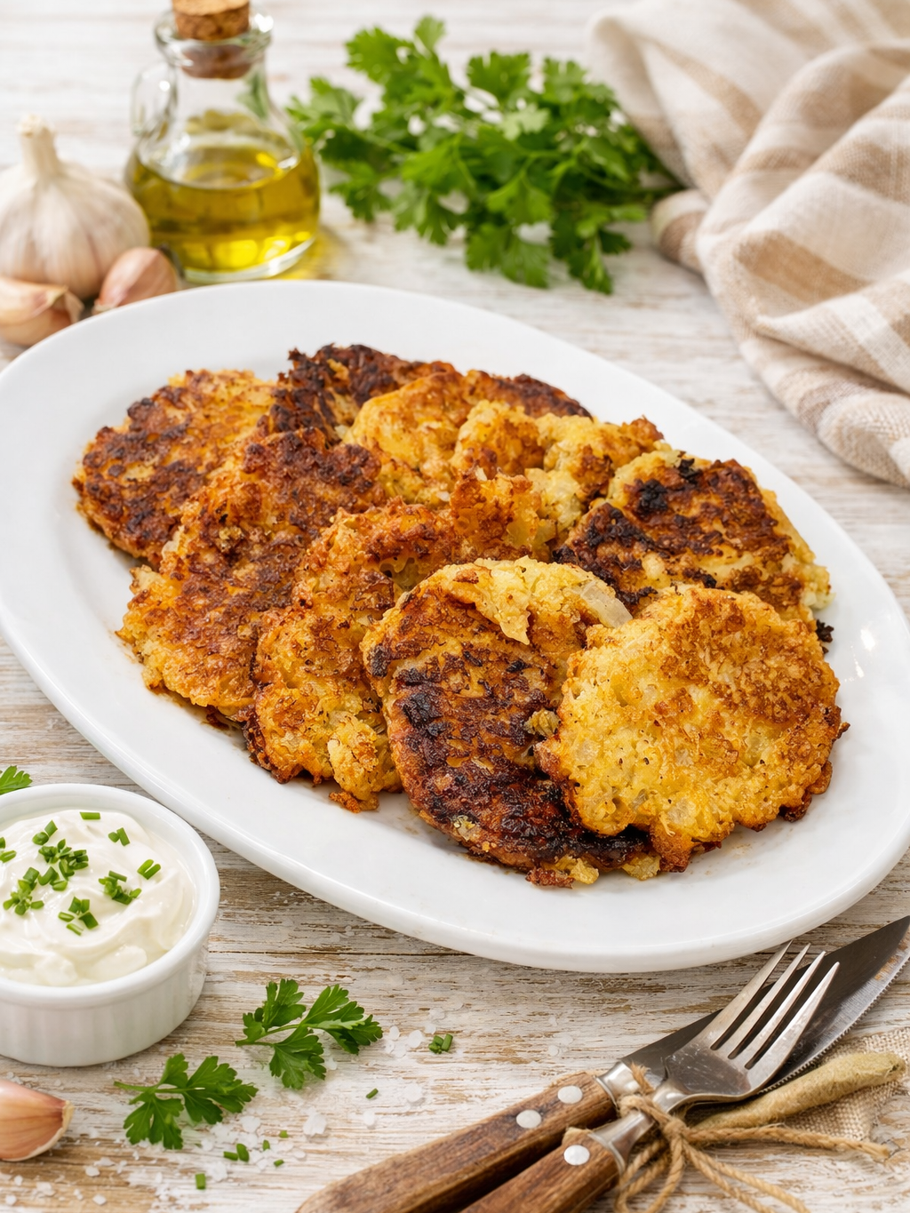 A white oval plate with golden-brown potato pancakes sits on a rustic table, accompanied by a small bowl of sour cream with chives, a fork and knife, garlic, olive oil, parsley, and a beige checkered napkin.