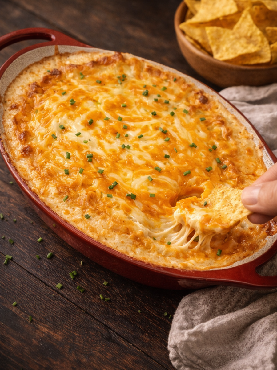 A hand dips a tortilla chip into a cheesy, golden-baked dip in a red oval dish, topped with chopped chives; a bowl of tortilla chips sits nearby on a rustic wooden table.