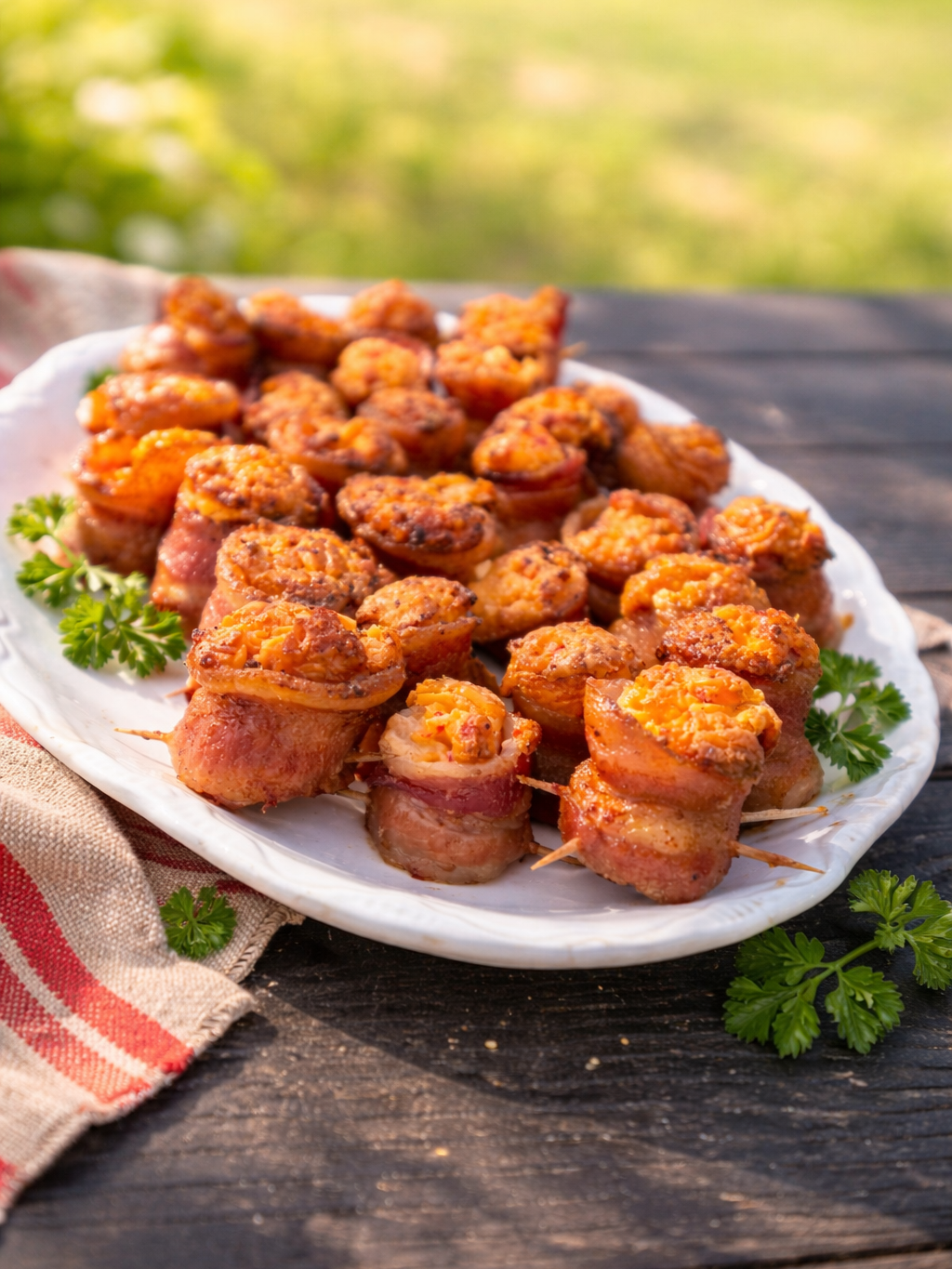 A plate of bacon-wrapped sausage bites on toothpicks, garnished with parsley, sits on a wooden table outdoors with a red-striped cloth beside it. The background is green and softly blurred.