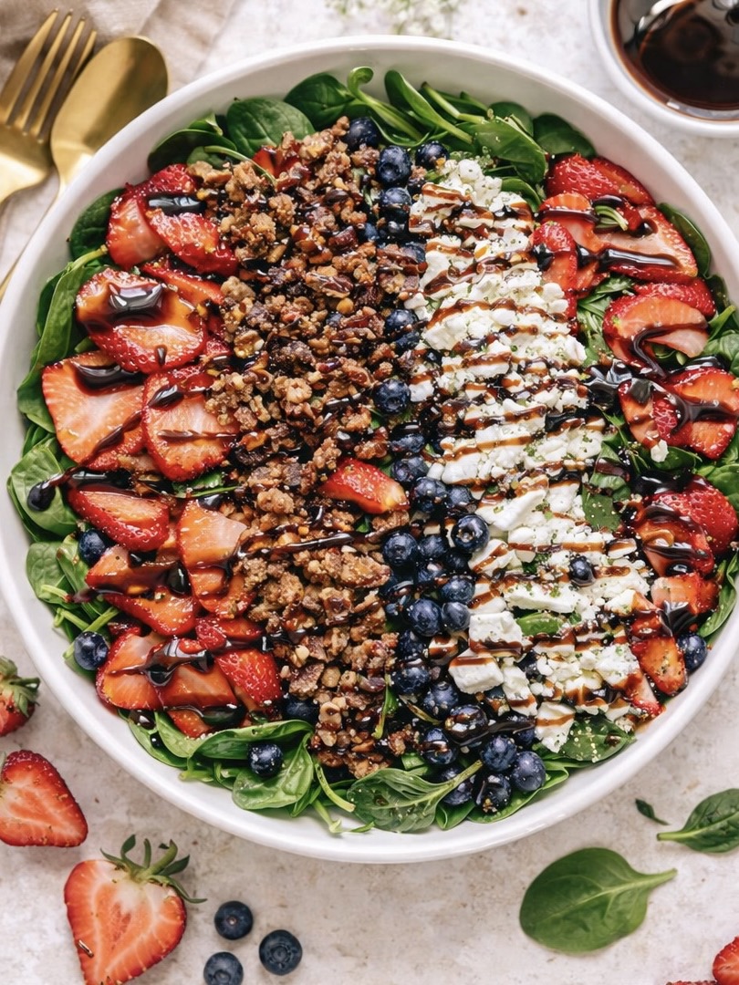 A colorful salad in a white bowl with rows of fresh spinach, sliced strawberries, candied pecans, blueberries, crumbled cheese, and a drizzle of balsamic glaze. Gold utensils and whole strawberries are nearby.