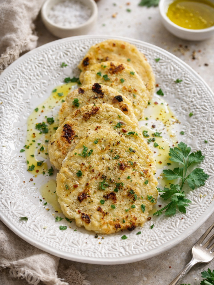 Four golden, pan-fried potato cakes garnished with chopped parsley are arranged on a white patterned plate, drizzled with olive oil. A sprig of parsley and bowls of salt and oil sit nearby.