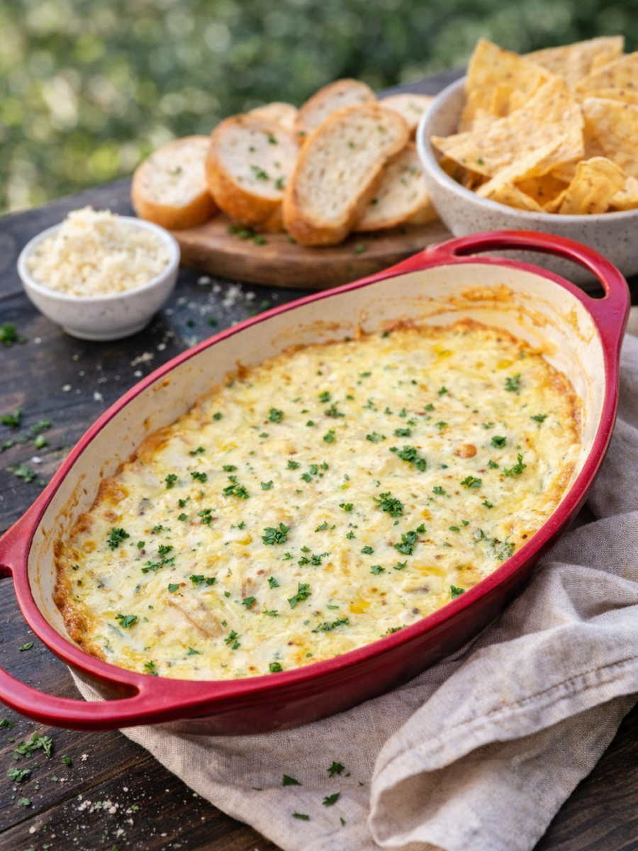 A baked cheesy dip garnished with chopped herbs in a red oval dish, surrounded by toasted bread slices, tortilla chips, and a small bowl of grated cheese on a wooden table.