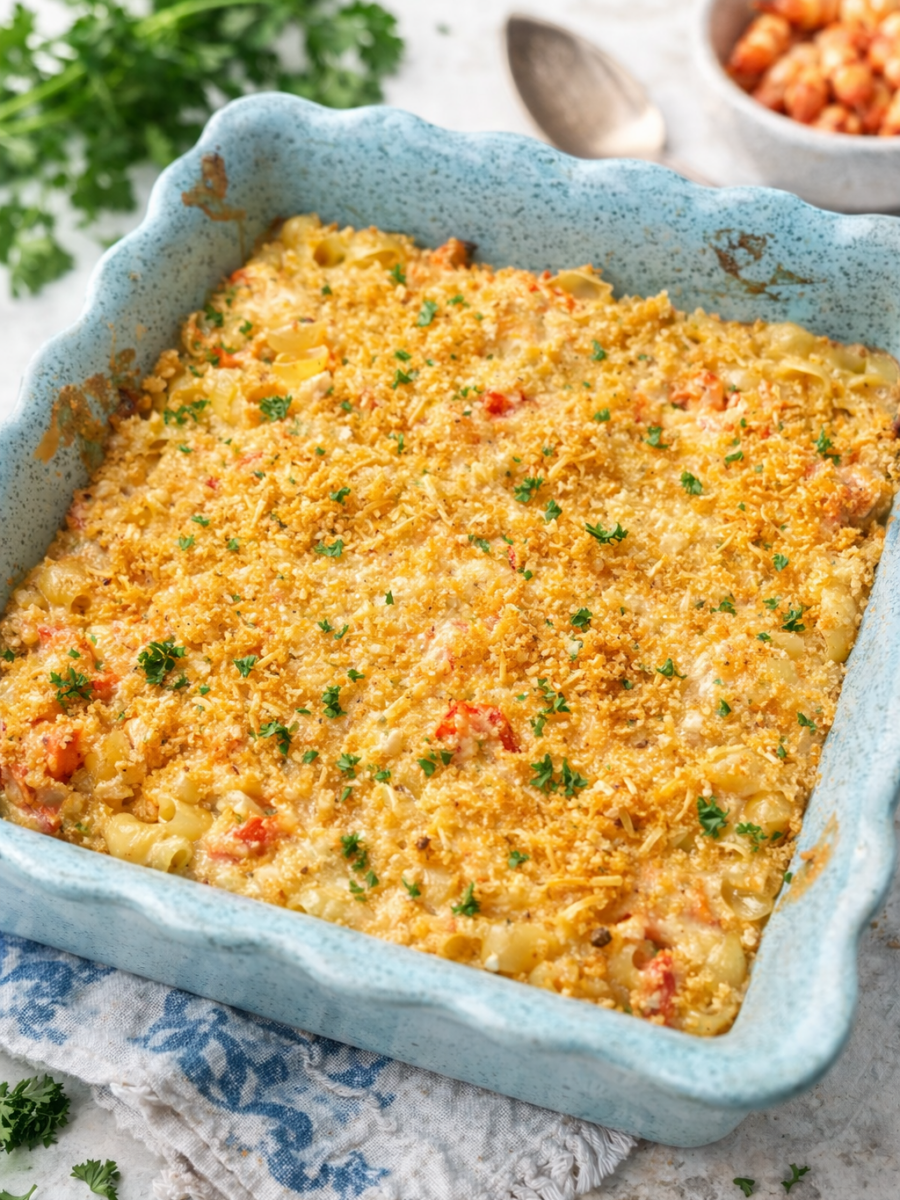 A blue ceramic baking dish filled with a golden, breadcrumb-topped casserole, garnished with chopped parsley. A spoon and parsley are in the background, and a patterned cloth is underneath the dish.