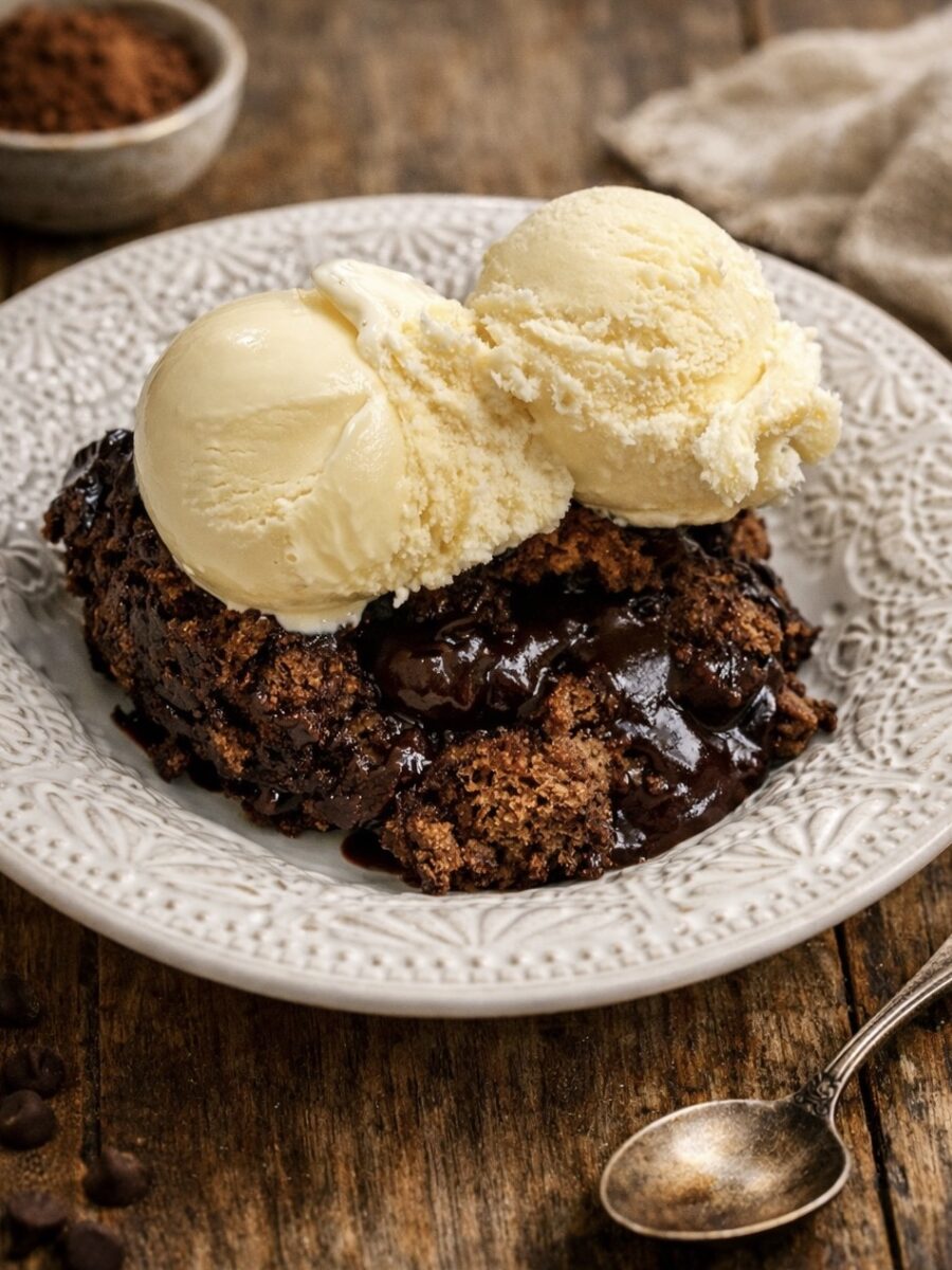 A white plate holds a serving of chocolate lava cake topped with two scoops of vanilla ice cream. A spoon rests nearby on a rustic wooden table.