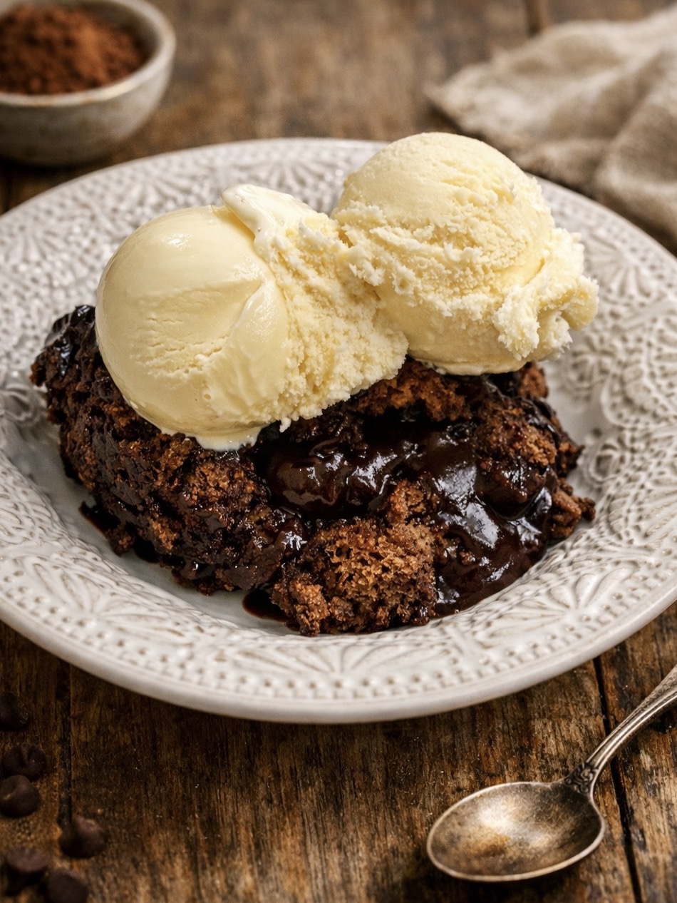 A white plate holds a serving of chocolate lava cake topped with two scoops of vanilla ice cream. A spoon rests nearby on a rustic wooden table.