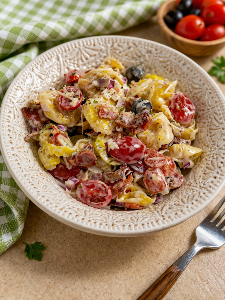 A bowl of creamy pasta salad with cherry tomatoes, olives, red onions, and pepperoncini slices, set on a beige surface next to a green-checked cloth and a small bowl of fresh cherry tomatoes.