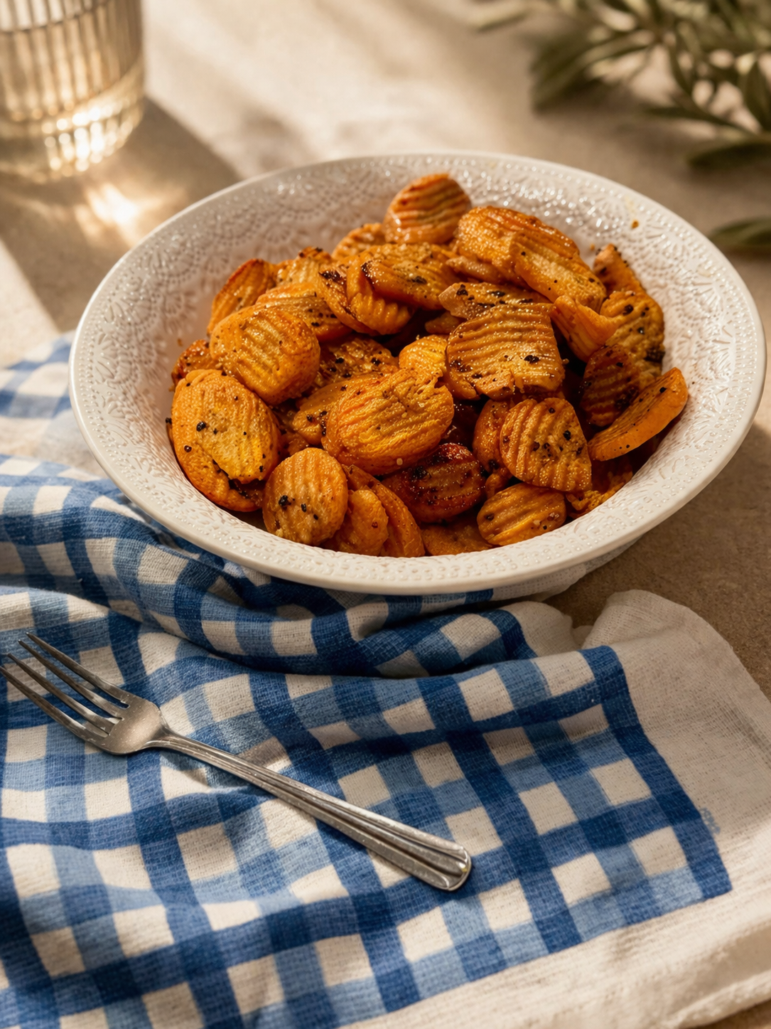 A white bowl filled with seasoned, crinkle-cut roasted carrots sits on a blue and white checkered cloth with a fork nearby, bathed in warm sunlight.