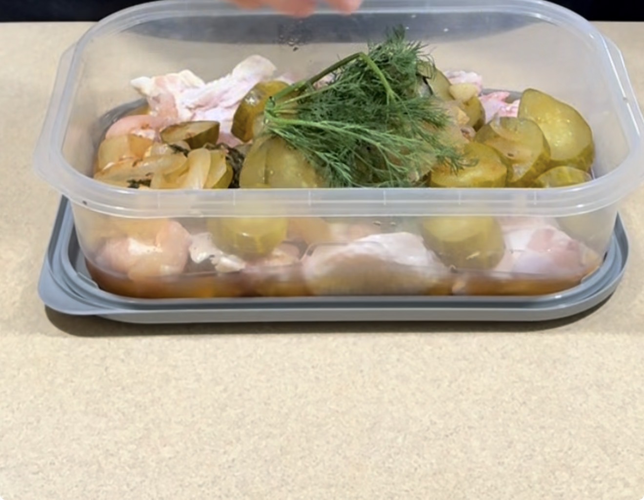 A plastic container filled with raw chicken pieces, sliced pickles, onion, and fresh dill sits on a beige countertop.