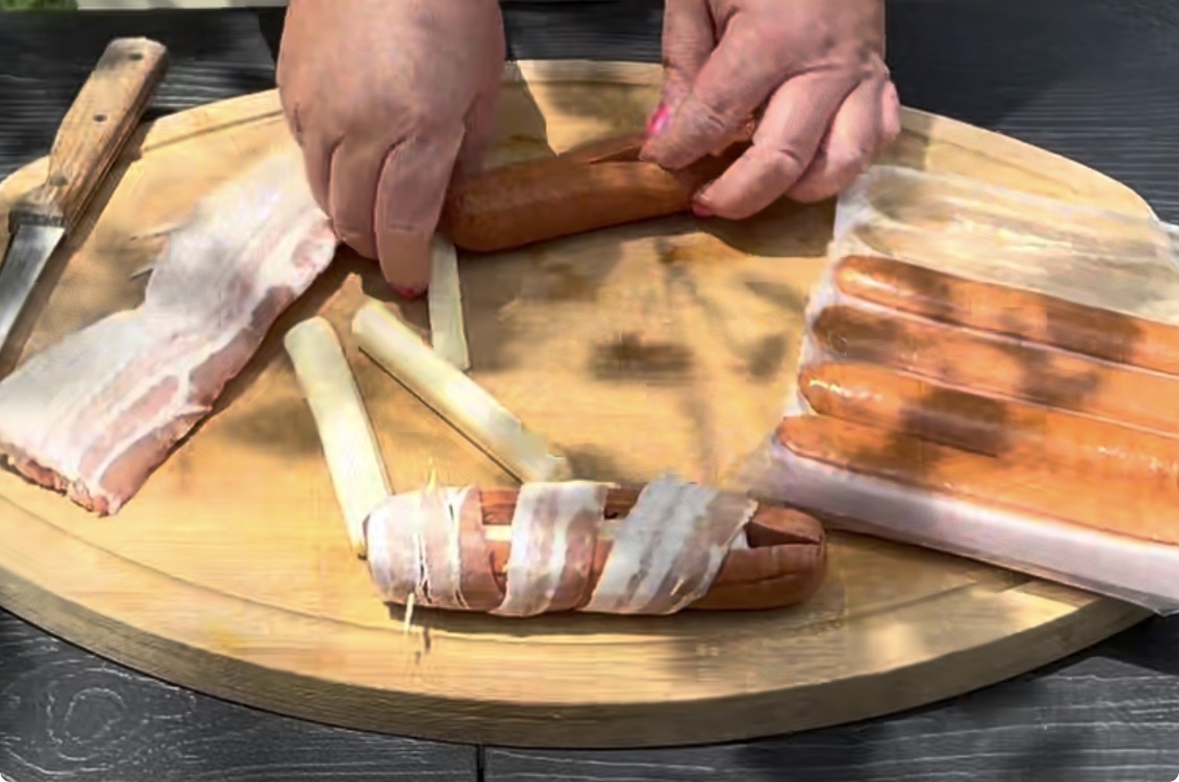 Hands wrapping uncooked bacon and cheese sticks around hot dogs on a wooden cutting board, with a knife and more hot dogs and bacon visible nearby.