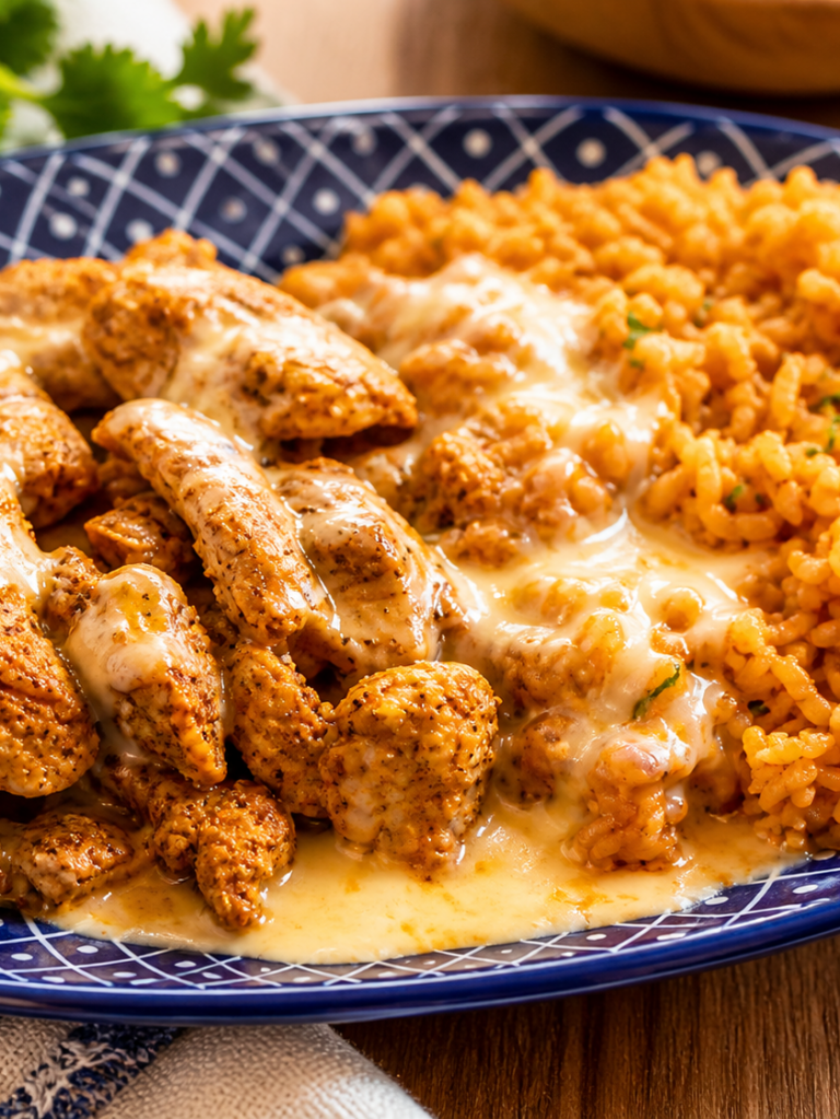 A close-up of a blue patterned plate filled with seasoned grilled chicken strips covered in melted cheese next to a serving of seasoned rice, garnished with herbs.