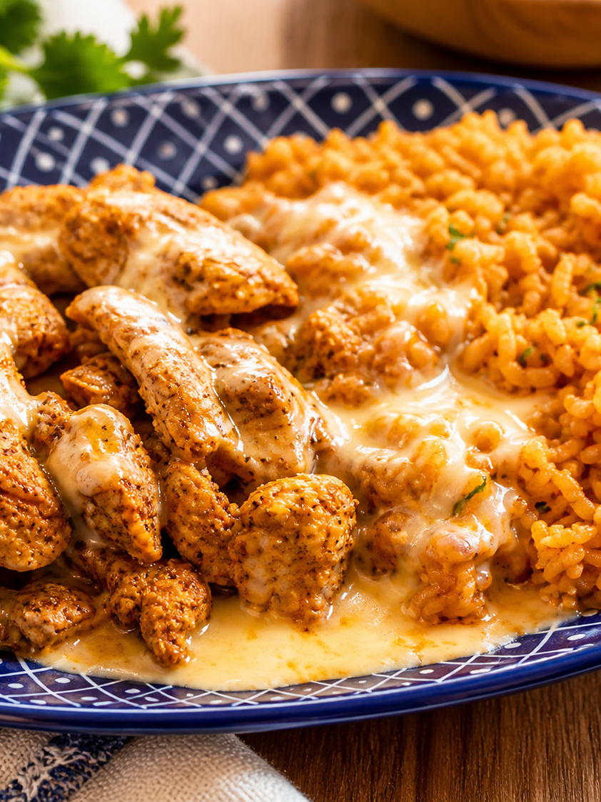 A close-up of a blue patterned plate filled with seasoned grilled chicken strips covered in melted cheese next to a serving of seasoned rice, garnished with herbs.