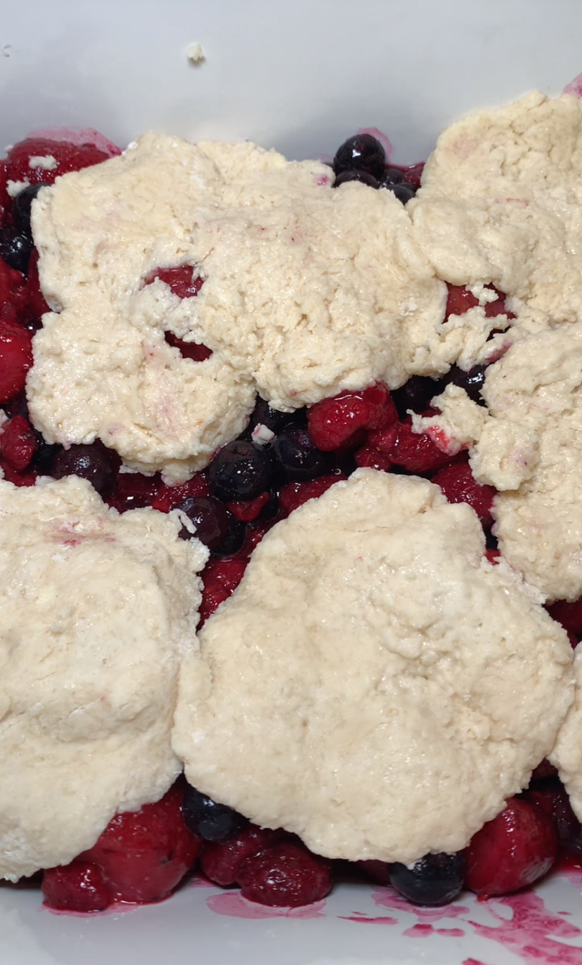 Unbaked mixed berry cobbler with a layer of fresh blueberries, raspberries, and blackberries, topped with uneven dollops of biscuit dough ready to be baked.