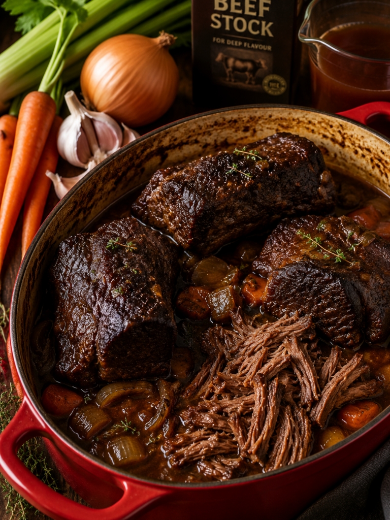 A Dutch oven filled with cooked pot roast, shredded beef, carrots, onions, and herbs, surrounded by fresh vegetables, garlic, and a carton of beef stock.