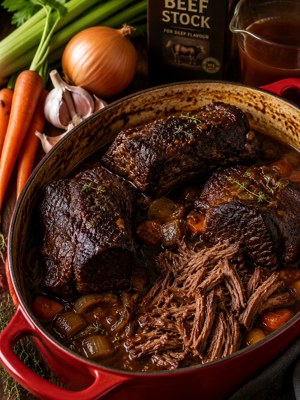 A Dutch oven filled with cooked pot roast, shredded beef, carrots, onions, and herbs, surrounded by fresh vegetables, garlic, and a carton of beef stock.