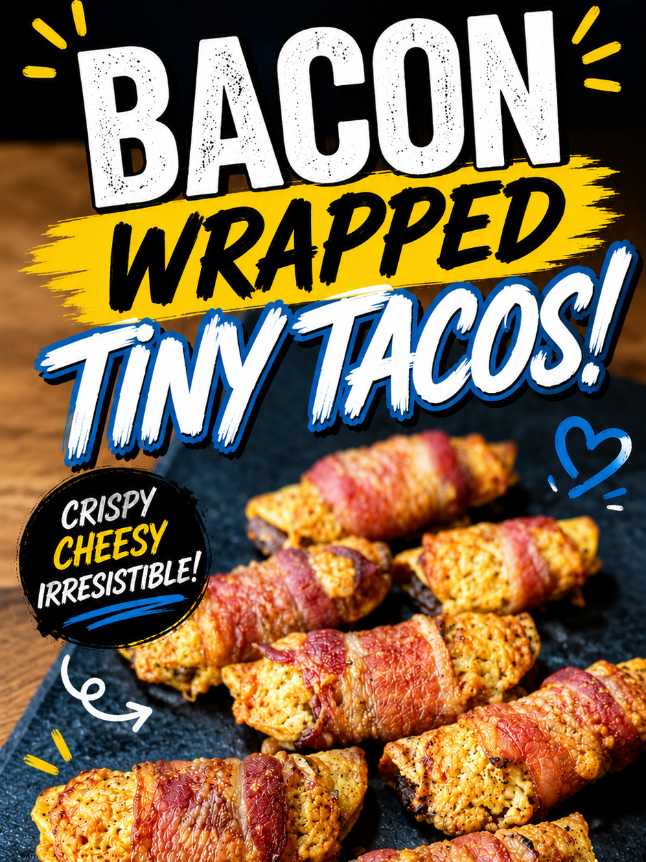 A slate platter holds several bacon-wrapped tiny tacos. Bold text above reads “Bacon Wrapped Tiny Tacos!” and a circular label says “Crispy, Cheesy, Irresistible!” with colorful, playful graphics around the food.
