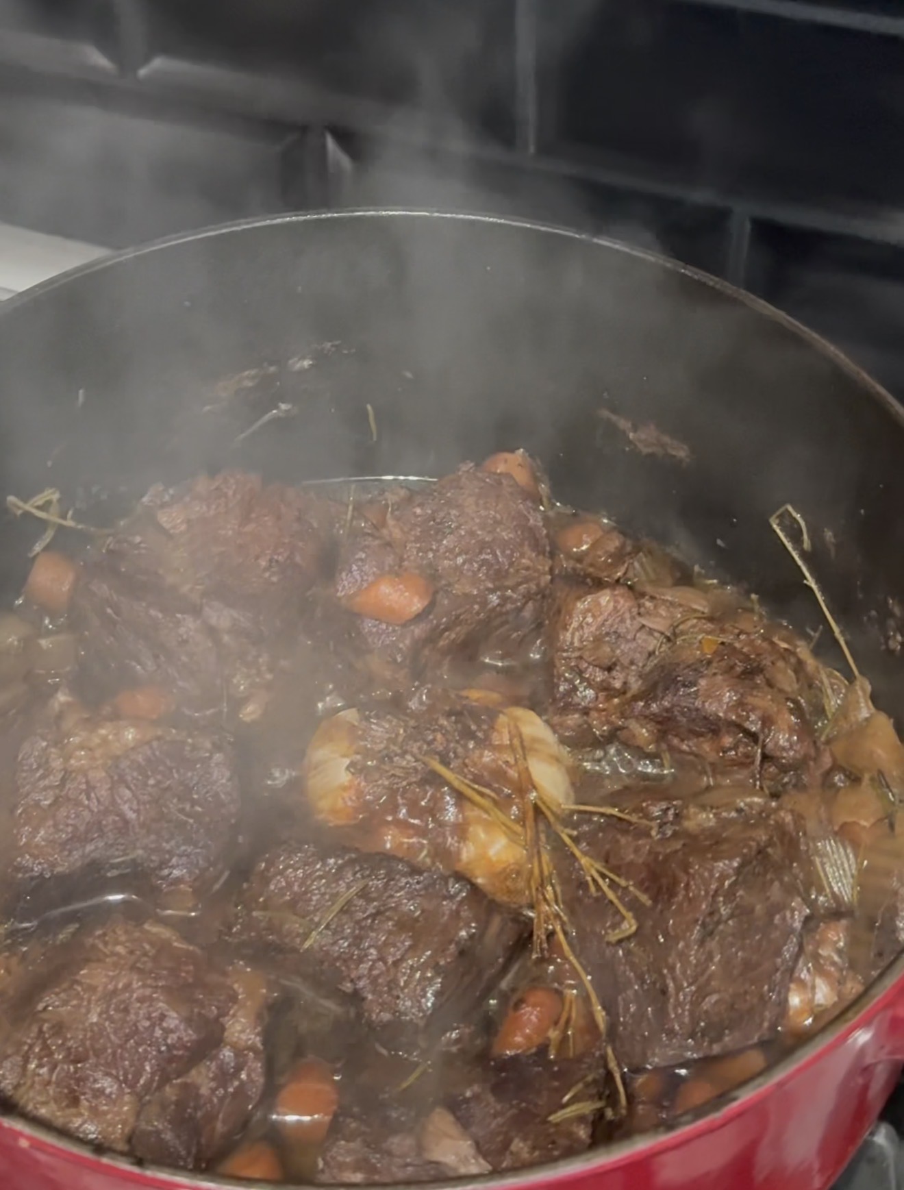 A red pot filled with steaming braised beef, carrots, onions, and herbs simmering in a rich sauce, set against a dark tiled kitchen backsplash.