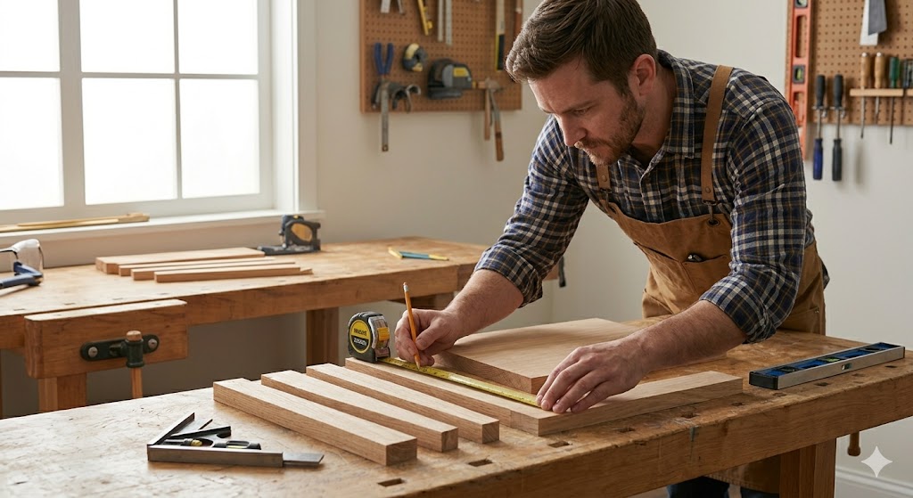 A man in a plaid shirt and apron measures a wooden board with a tape measure on a workbench in a bright workshop; woodworking tools are visible on the tables and wall behind him.