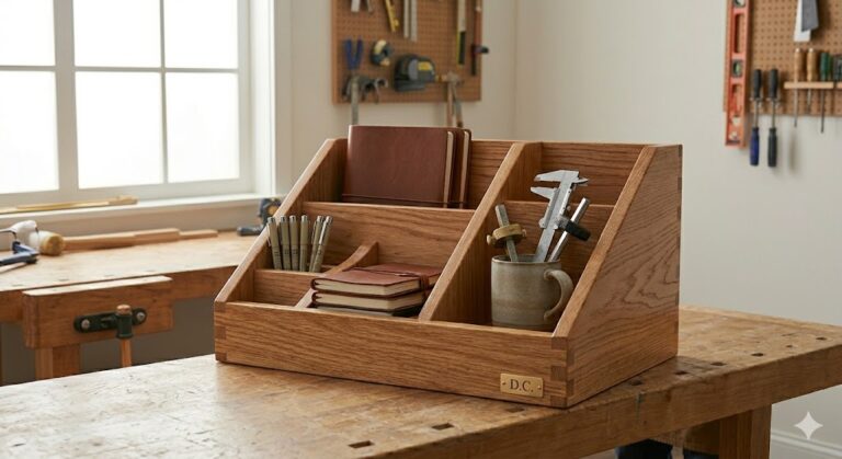 A wooden desk organizer holding notebooks, pens, a mug with tools, and a measuring caliper sits on a workbench in a well-lit workshop with tools hanging on the wall in the background.