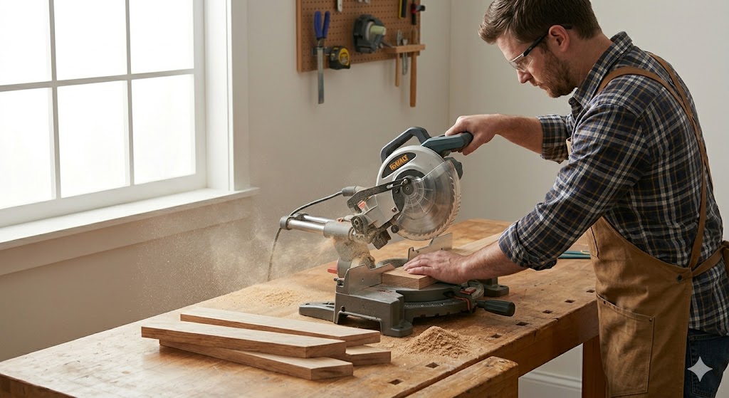 A person wearing glasses and a plaid shirt uses a miter saw to cut a piece of wood on a workbench, with sawdust flying. Several wooden boards and tools are on the bench in a bright workshop.