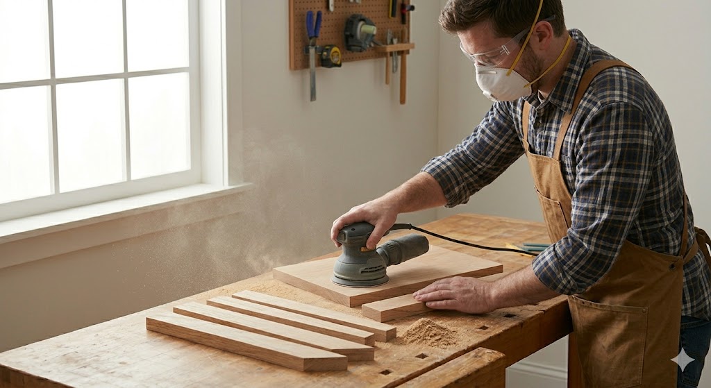 A person wearing safety glasses, a mask, and an apron sands a wooden board with an electric sander at a workbench; several wooden planks and tools are nearby.