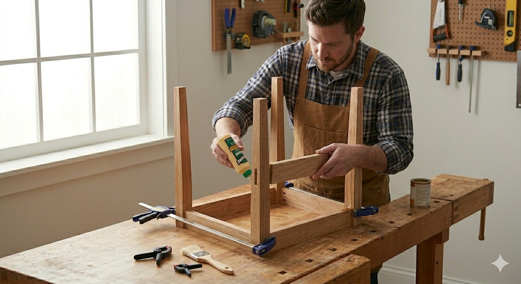 A man in an apron applies wood glue to assemble a wooden table frame in a workshop. The frame is held with clamps on a workbench, and various tools are scattered nearby. Sunlight streams through a window.