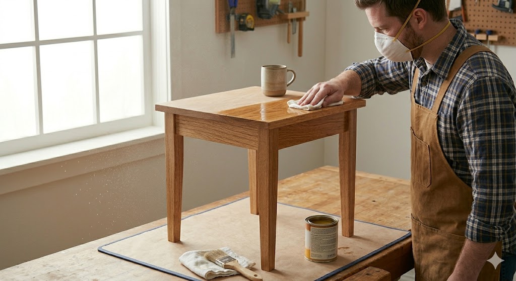 A person wearing an apron and mask polishes a small wooden table in a sunlit workshop. A can of finish, a brush, and a mug are on the table and workbench nearby.