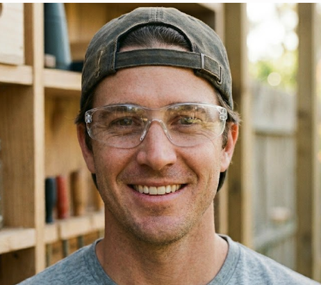 A man wearing a backward baseball cap, clear safety glasses, and a gray shirt smiles while standing in a workshop with wooden shelves and tools in the background.